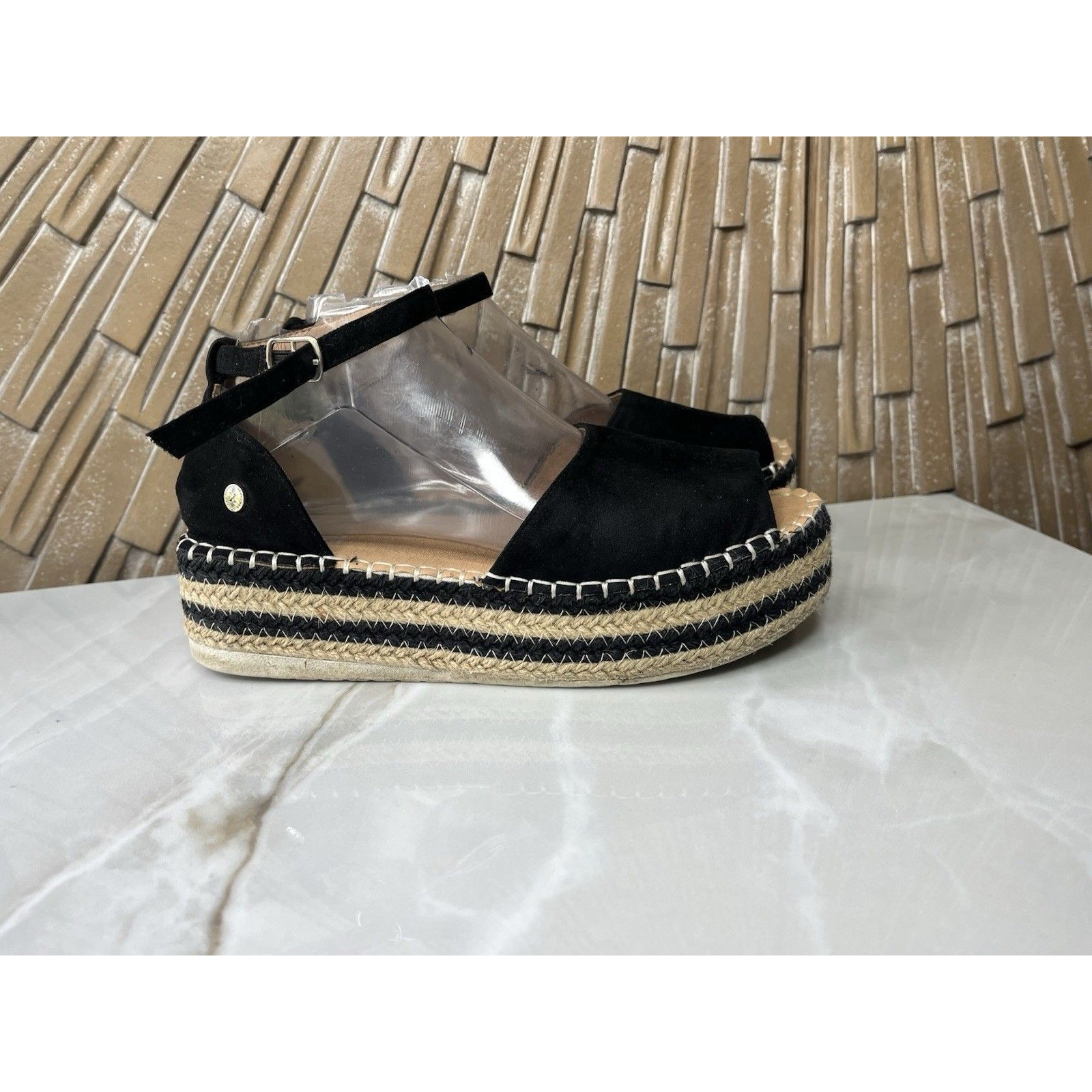Xti Basic Espadrilles Peep Toe Sandals Shoes Platform Flats Black Sz 38 8 Suede
